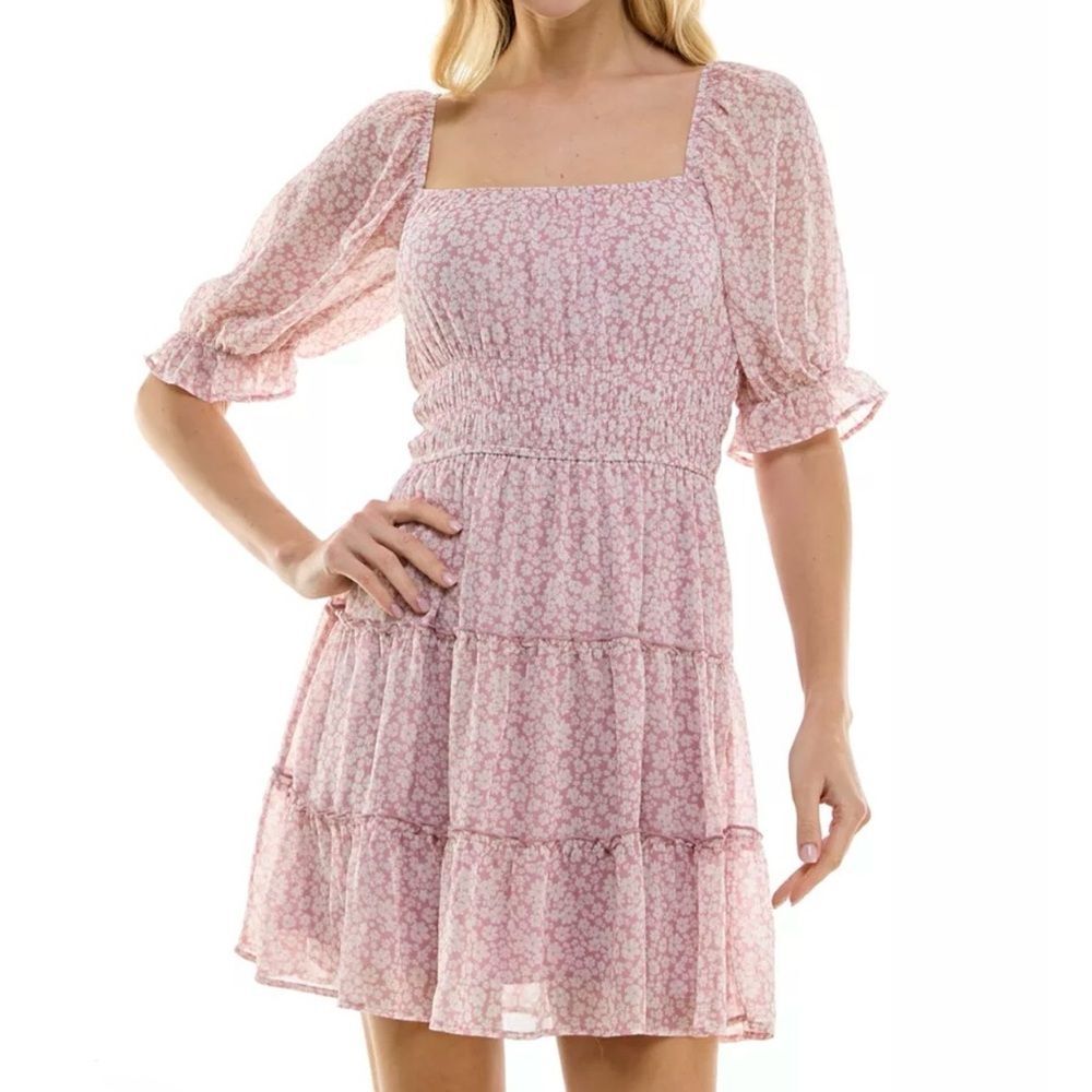 Trixxi Juniors Floral Smocked Fit & Flare Dress – Pink – Size XL